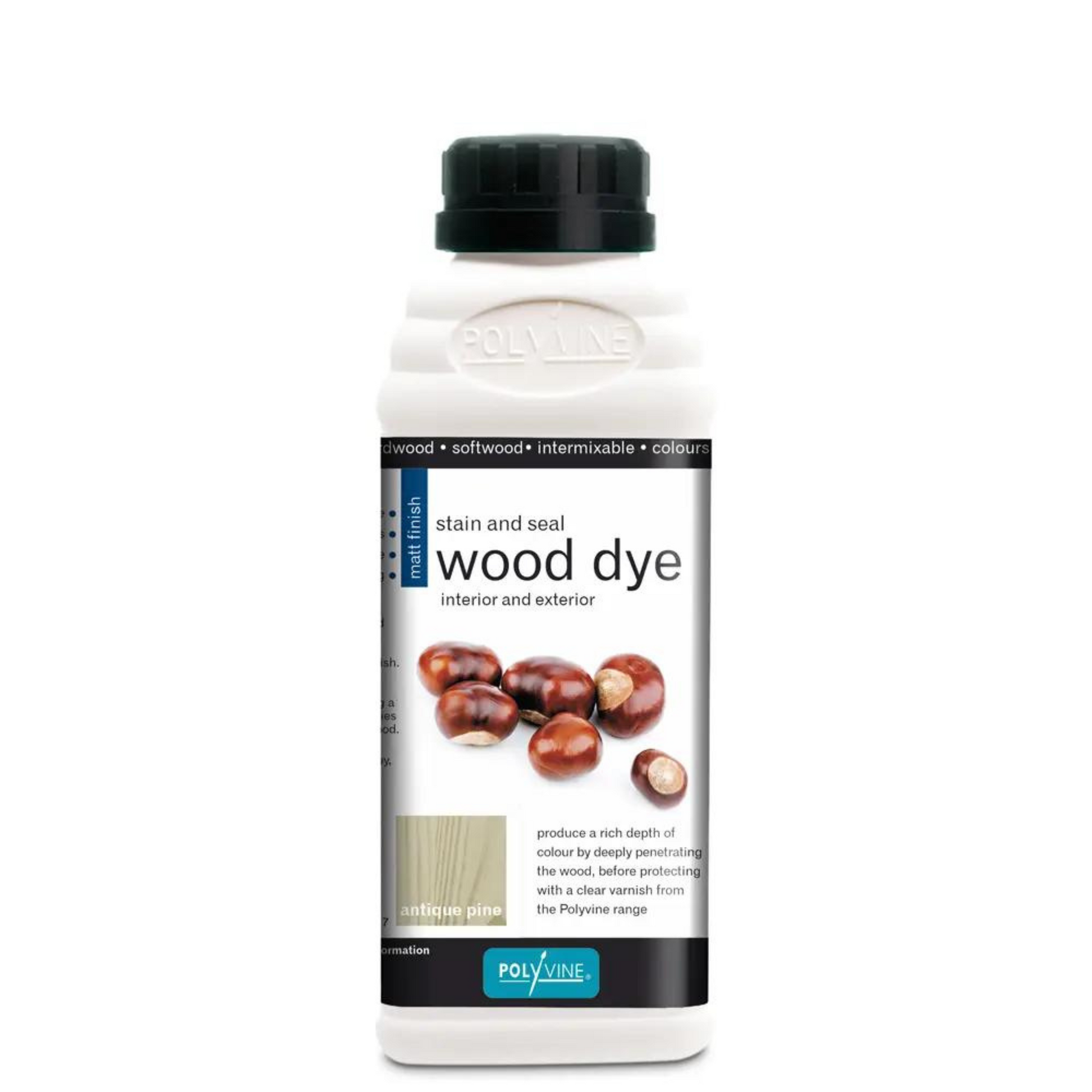 White bottle of Polyvine Wood Dye featuring acorns on a white label with black trim. Bottle has black lid.