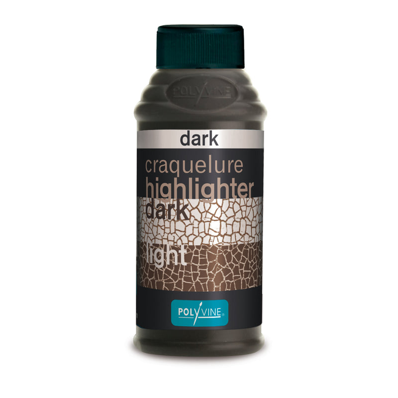 Small clear bottle with black top and black and brown label of Polyvine  Craquelure dark highlighter