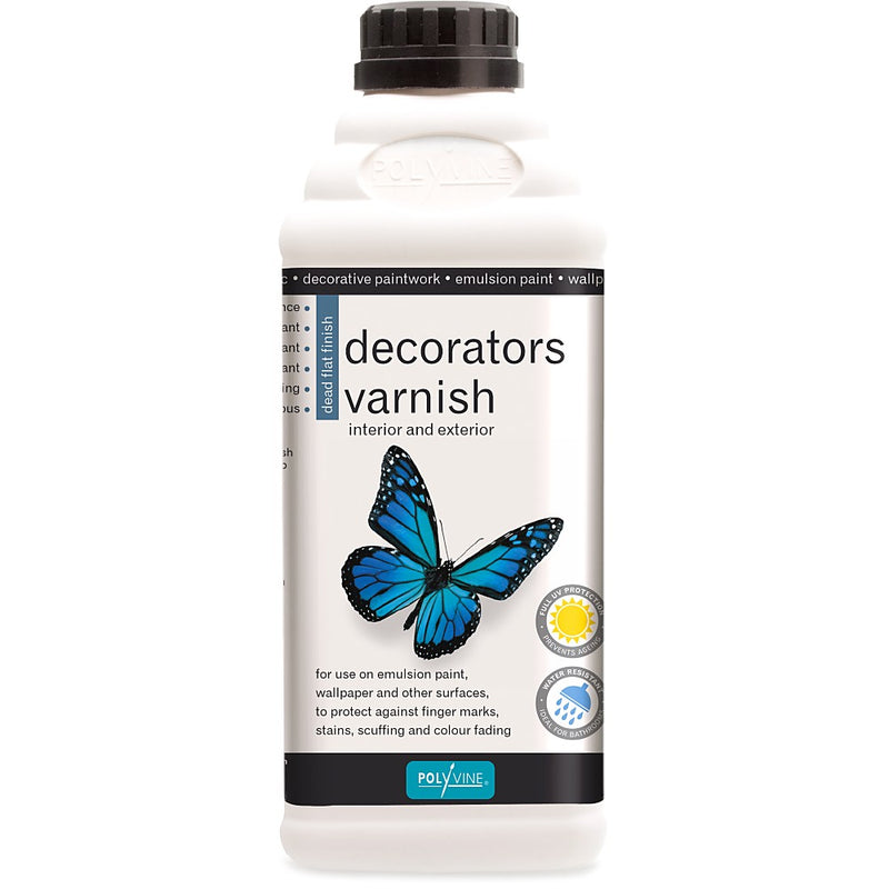 Polyvine Decorators Varnish. 500ml white bottle with blue butterfly and black cap.