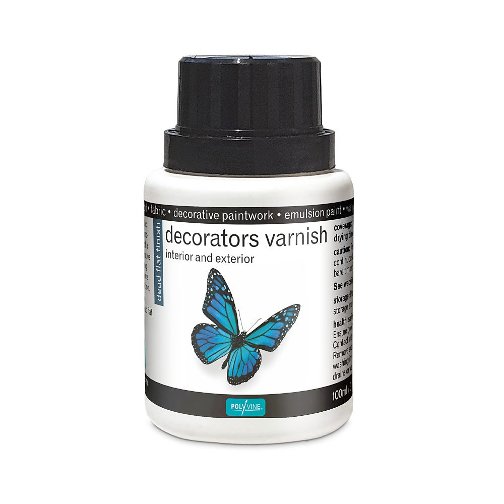 Polyvine Decorators Varnish. 500ml white bottle with blue butterfly and black cap.