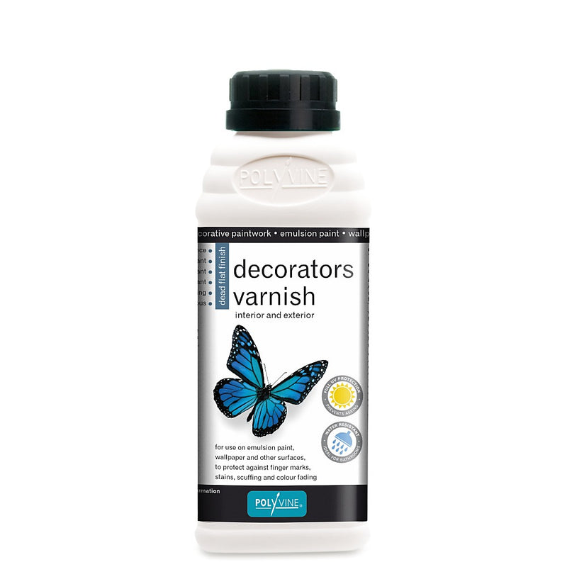 Polyvine Decorators Varnish. 500ml white bottle with blue butterfly and black cap.