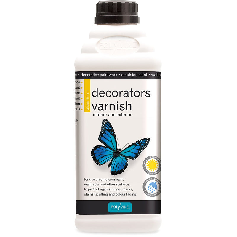 Polyvine Decorators Varnish. 500ml white bottle with blue butterfly and black cap.