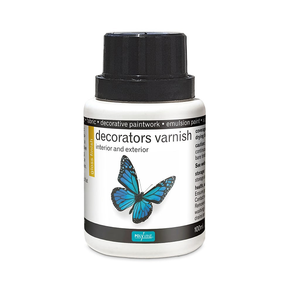 Polyvine Decorators Varnish. 500ml white bottle with blue butterfly and black cap.