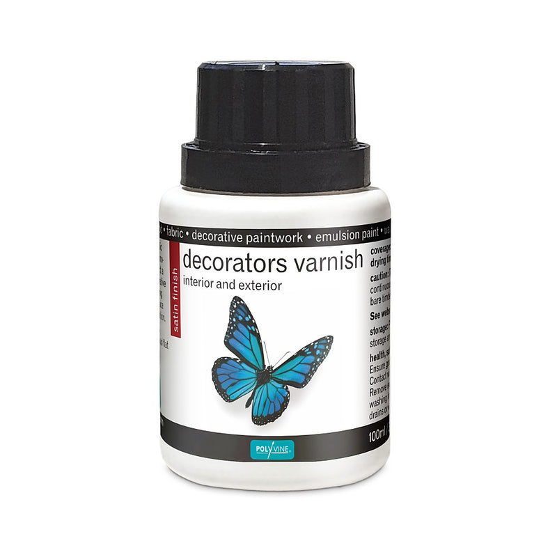 Polyvine Decorators Varnish. 500ml white bottle with blue butterfly and black cap.