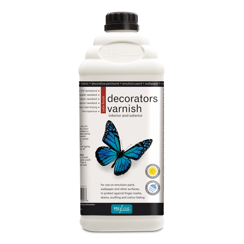 Polyvine Decorators Varnish. 500ml white bottle with blue butterfly and black cap.