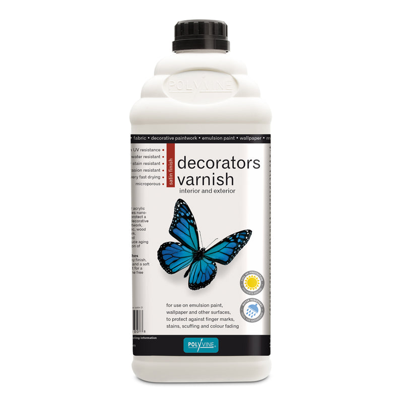 Polyvine Decorators Varnish. 500ml white bottle with blue butterfly and black cap.