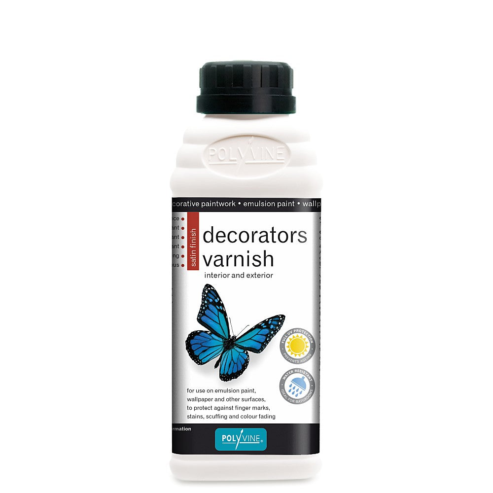 white bottled with black top with black and white label with a blue butterfly of Polyvine Decorators varnish satin