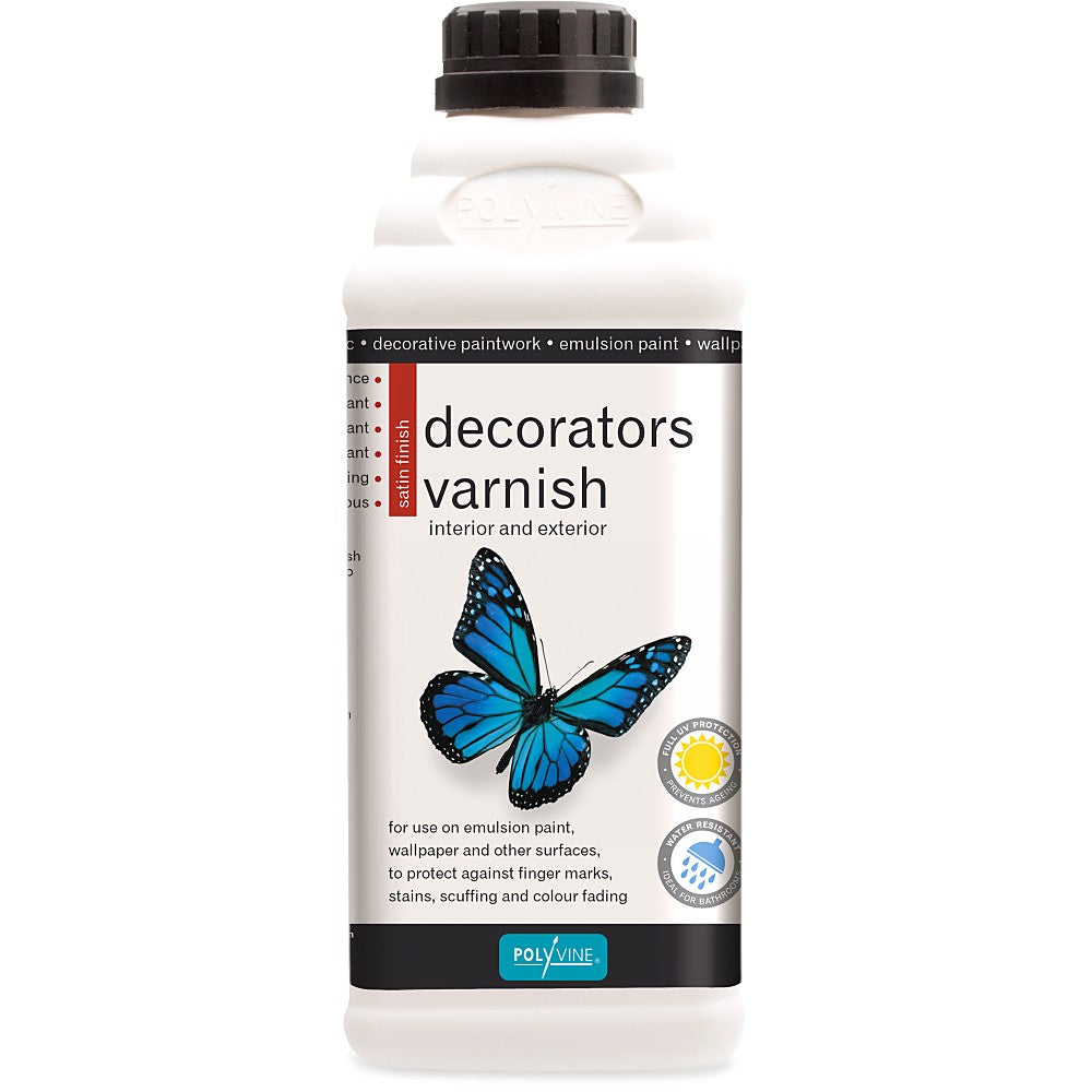 Polyvine Decorators Varnish. 500ml white bottle with blue butterfly and black cap.