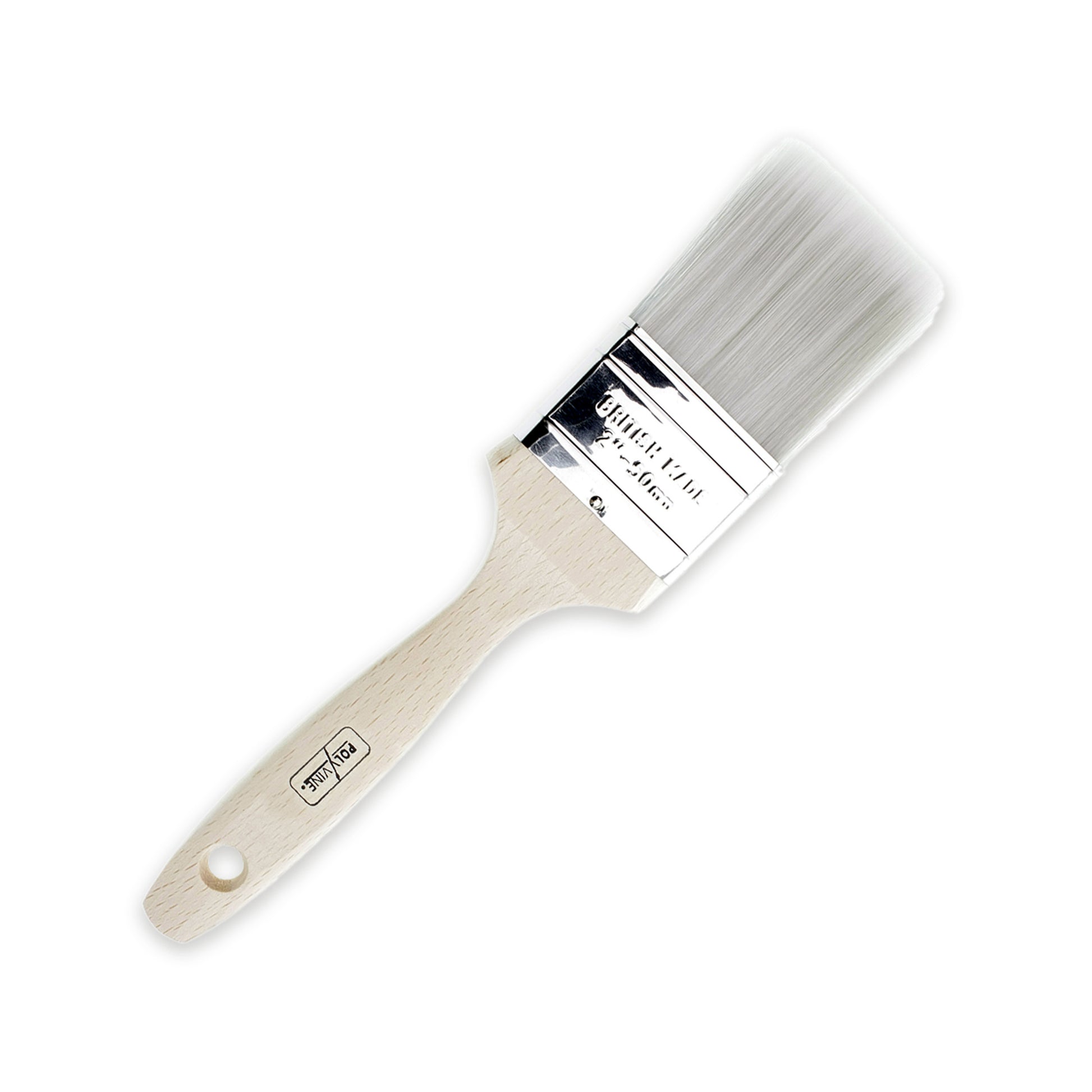 Polyvine Synthetic Paint Brush. Silver metal brace, white wood handle and grey bristles.