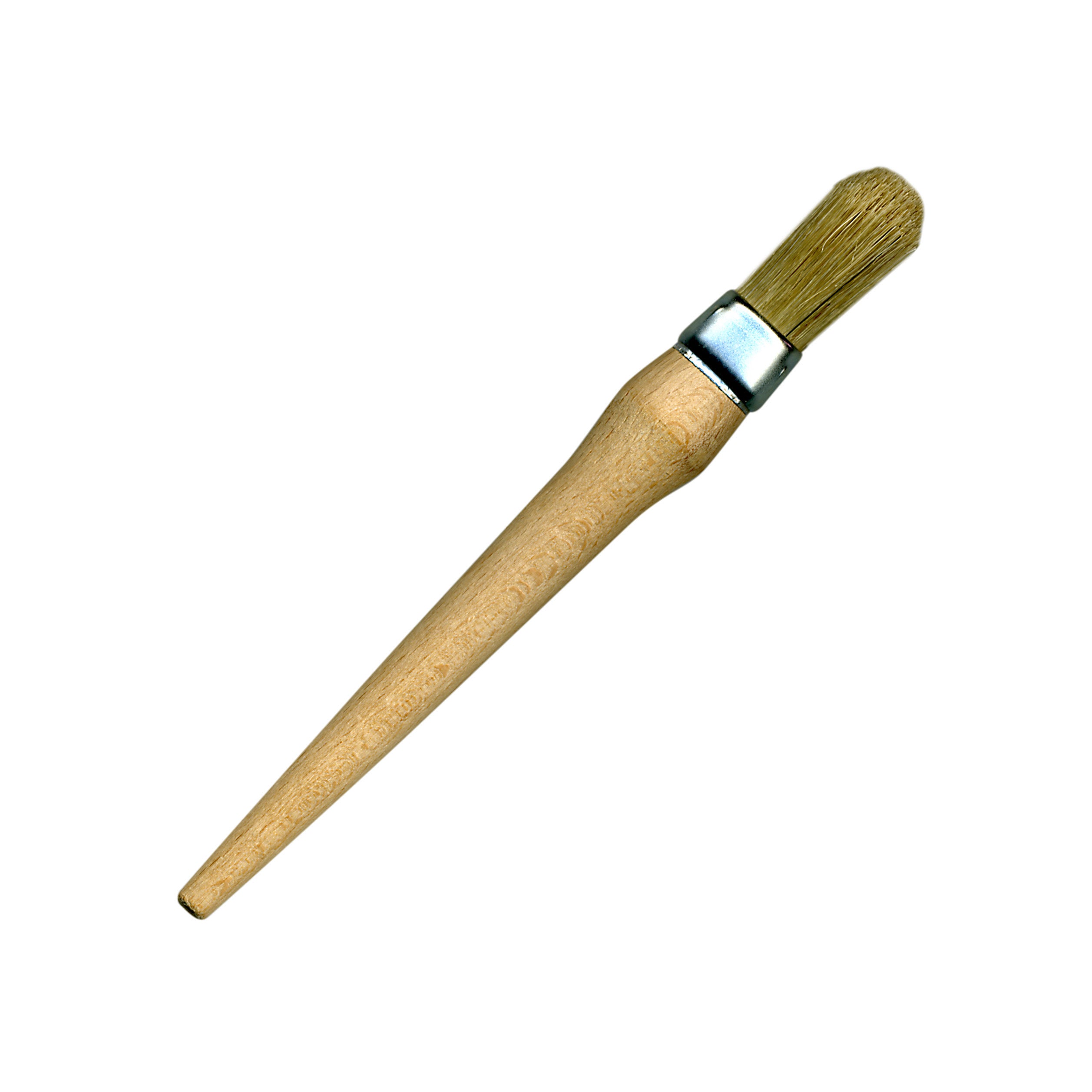 Polyvine Stencil brush. Tan wood handle with gold metal brace and tan bristles.