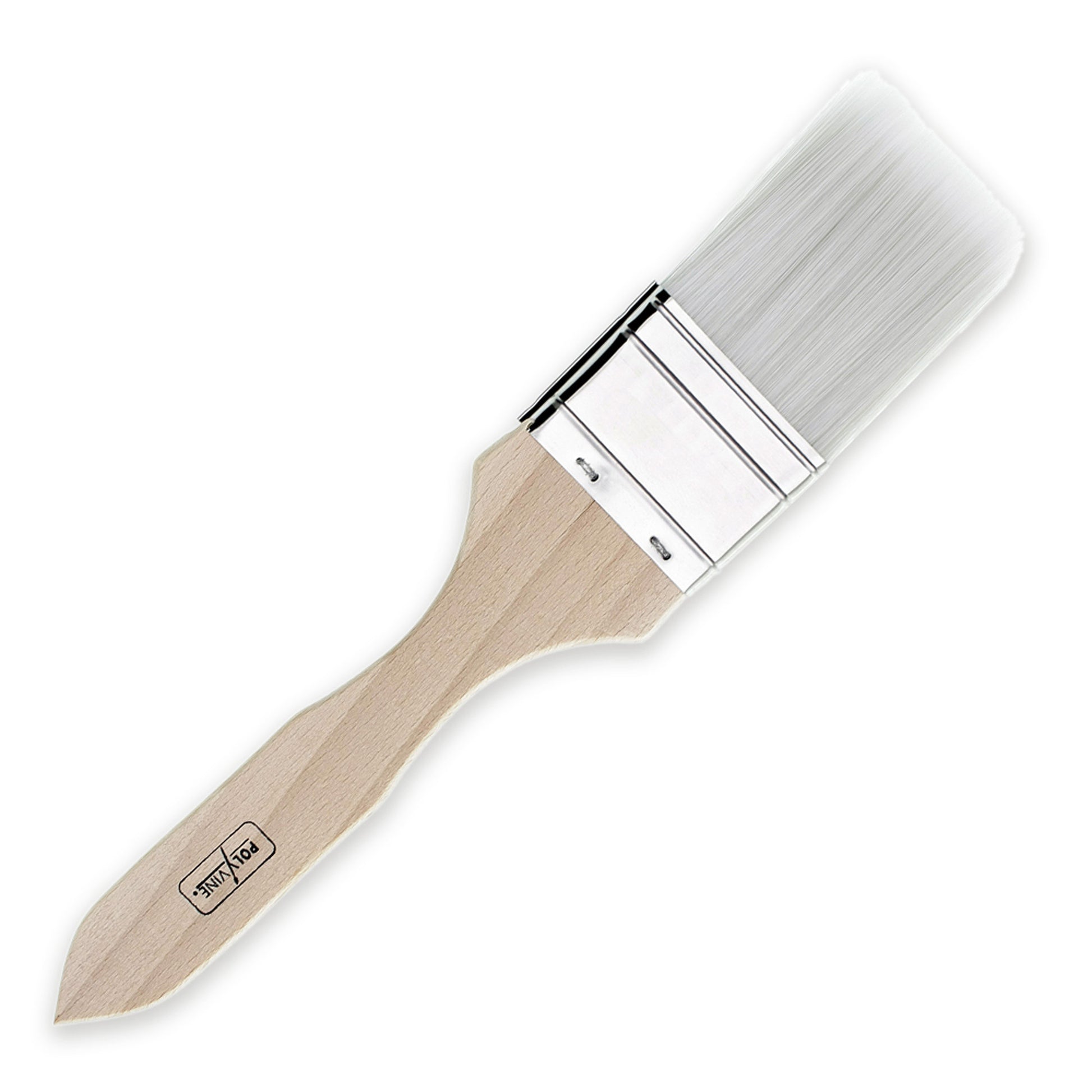 Polyvine Varnish Brush featuring light tan wood handle, silver metal brace and grey white bristles.