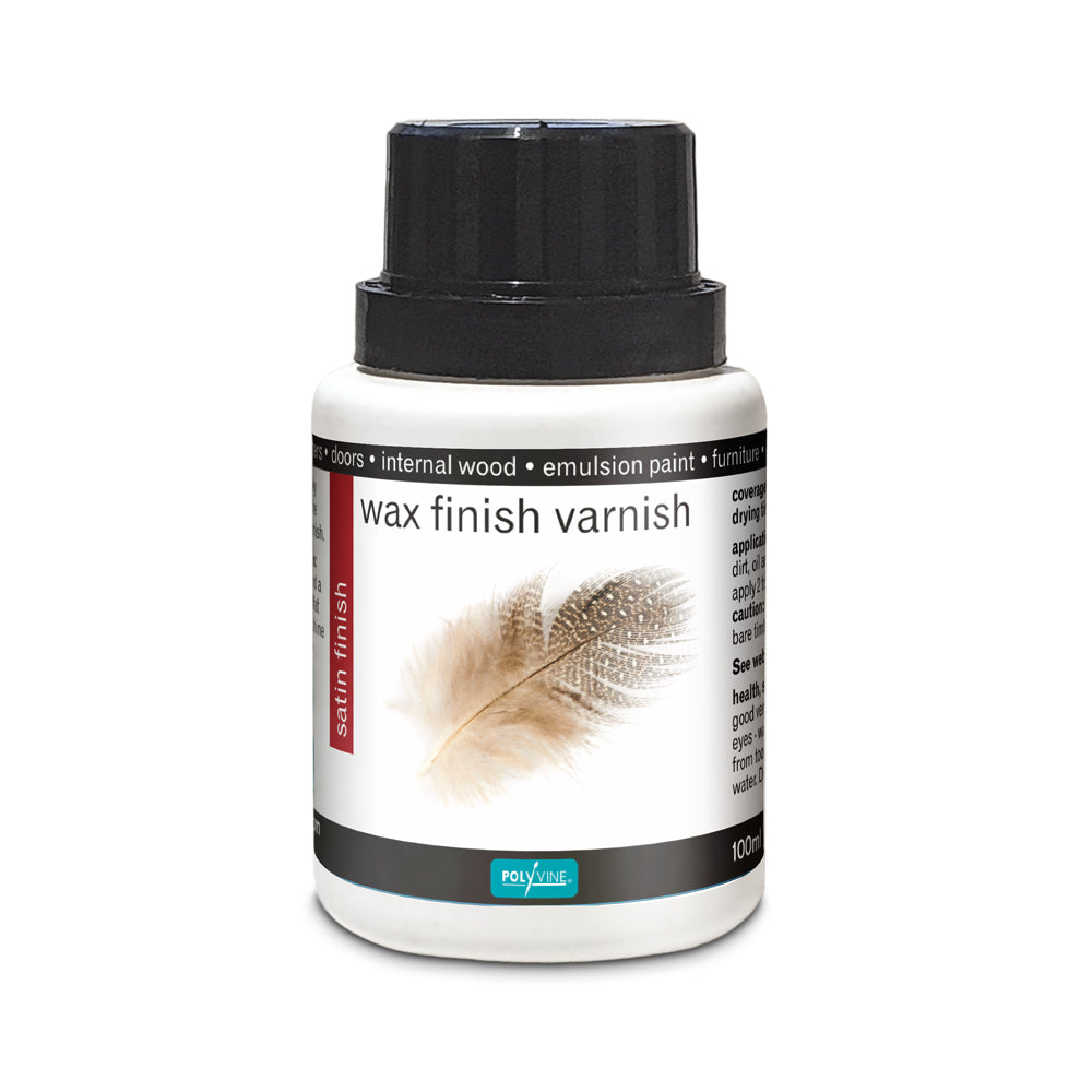 White bottle of Polyvine Wax Finish Varnish. Label is white with black trim and features a brown feather.