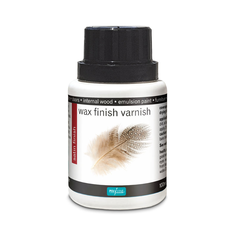 White bottle of Polyvine Wax Finish Varnish. Label is white with black trim and features a brown feather.